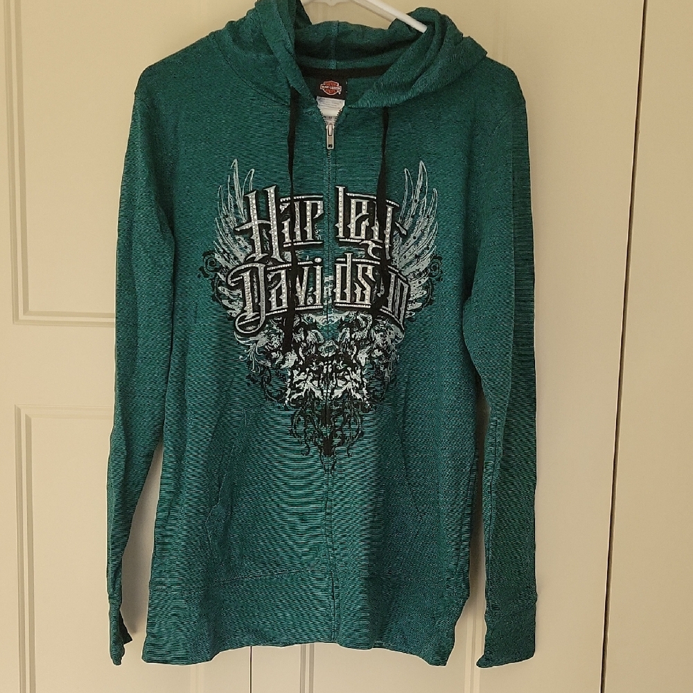 NWT XXL Harley-Davidson Teal and Blacl Panel Legend Zip-Up Hoodie